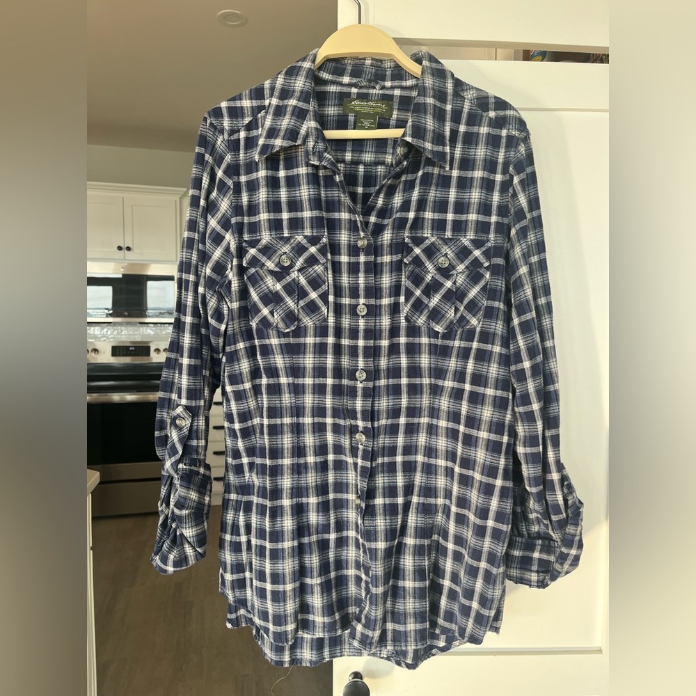 Eddie Bauer Navy and White Plaid Shirt